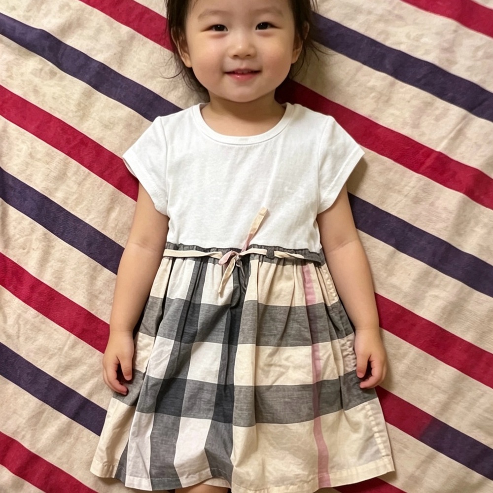 Burberry White Top Dress with Beige, Gray & Pink Plaid Skirt